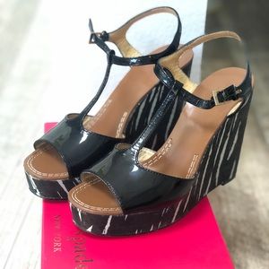 Kate Spade Black Patent T-Strap Cork Wedge